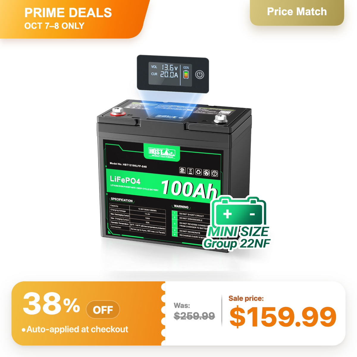 HQST 12V 100Ah LiFePO4 Battery, Mini Size Group 22NF with LED Meter, 10+ Years Lifespan