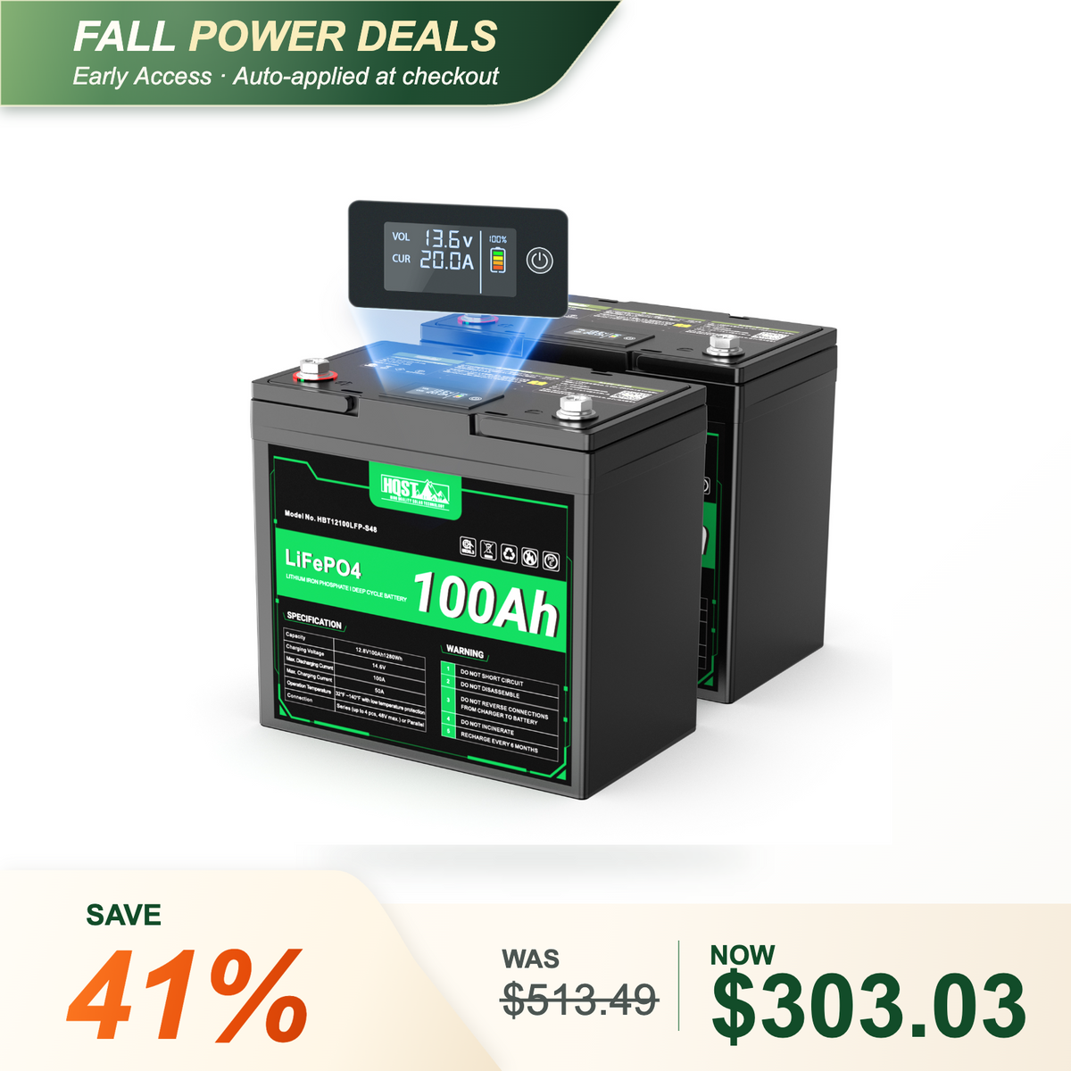 HQST 12V 100Ah LiFePO4 Battery, Mini Size Group 22NF with LED Meter, 10+ Years Lifespan