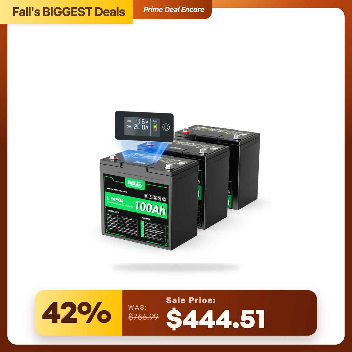 HQST 12V 100Ah LiFePO4 Battery, Mini Size Group 22NF with LED Meter, 10+ Years Lifespan