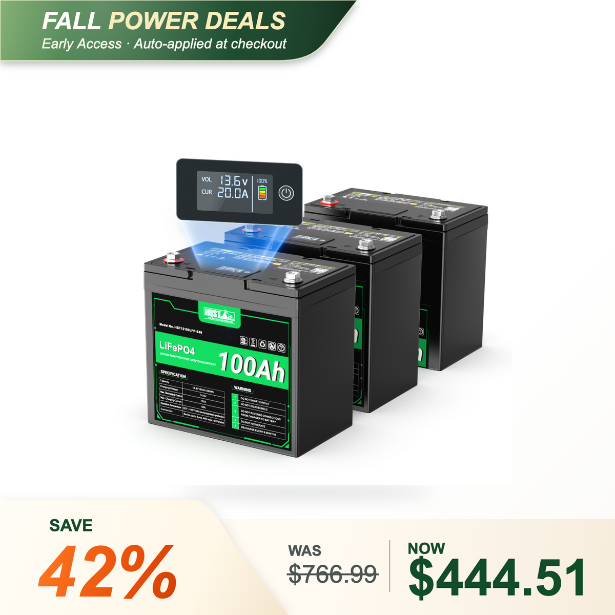 HQST 12V 100Ah LiFePO4 Battery, Mini Size Group 22NF with LED Meter, 10+ Years Lifespan