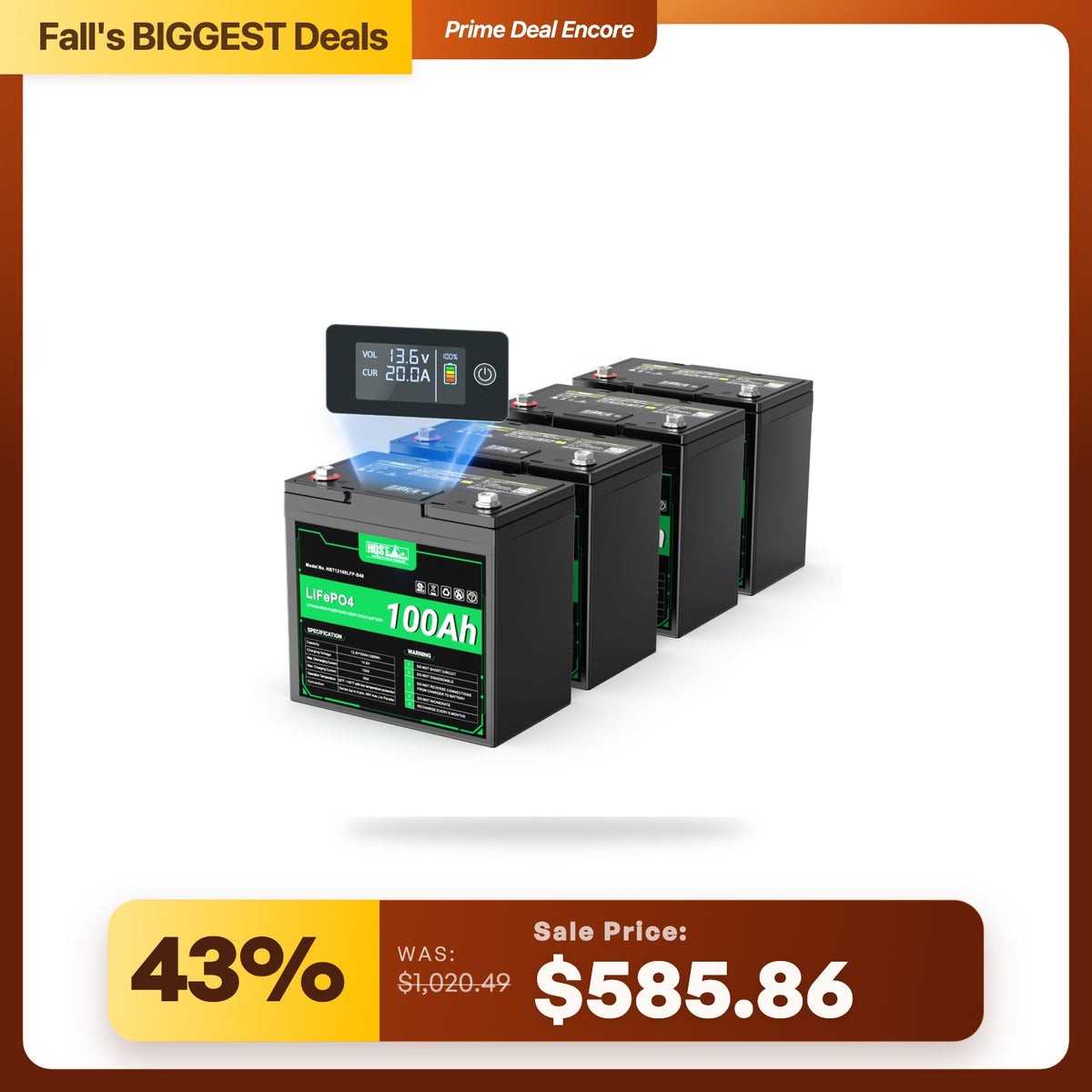 HQST 12V 100Ah LiFePO4 Battery, Mini Size Group 22NF with LED Meter, 10+ Years Lifespan