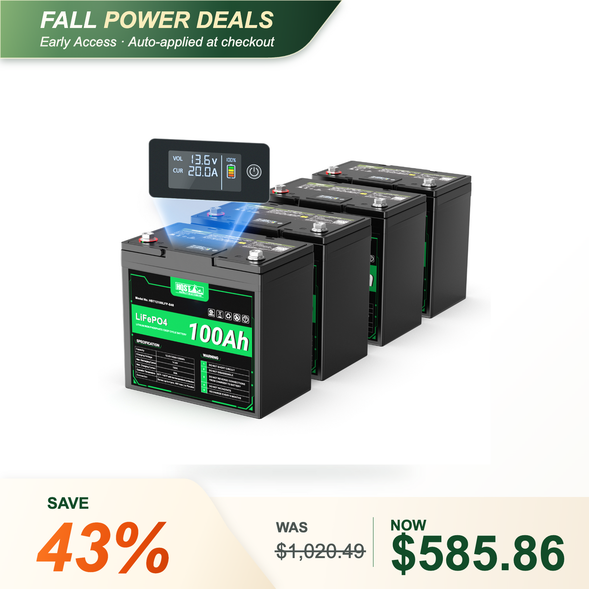HQST 12V 100Ah LiFePO4 Battery, Mini Size Group 22NF with LED Meter, 10+ Years Lifespan