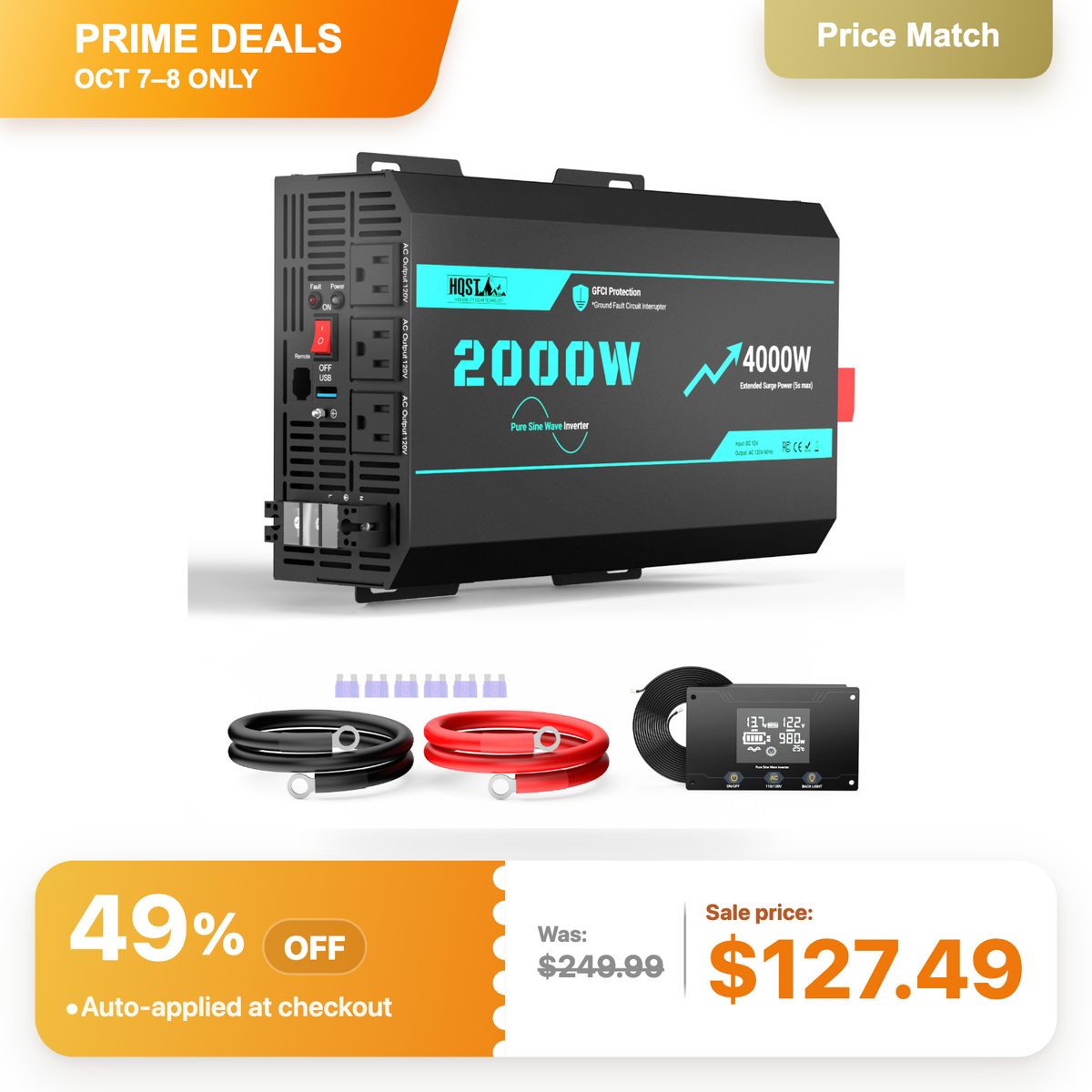 HQST 2000W Pure Sine Wave Inverter 12V DC to 120V AC with 4000W Surge, AC Hardwire, Wired Remote Control