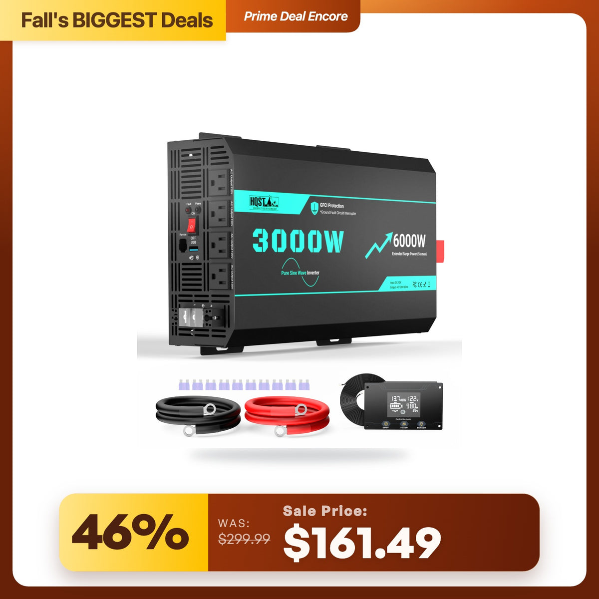 HQST 3000W Pure Sine Wave Inverter 12V | 6000W Surge, GFCI & Remote