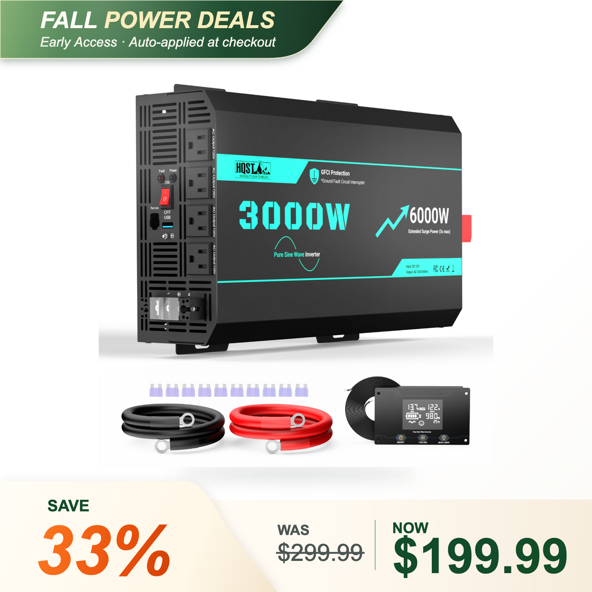 HQST 3000W Pure Sine Wave Inverter 12V | 6000W Surge, GFCI & Remote