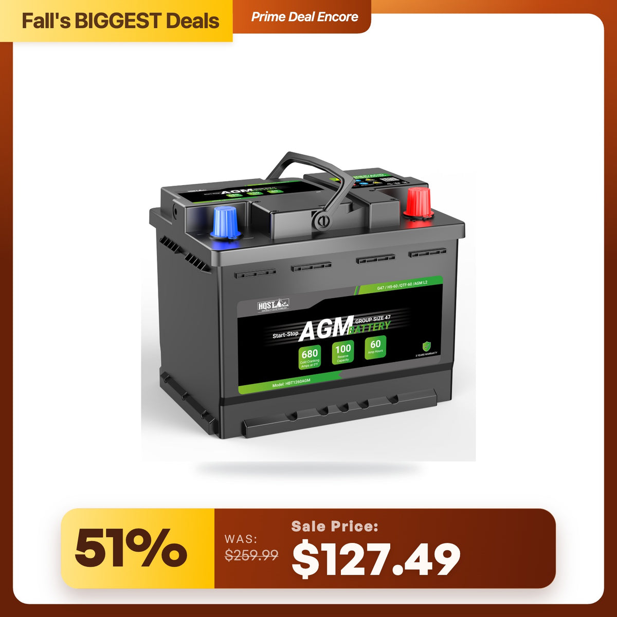 HQST 12V 60Ah AGM Start-Stop Car Battery – Group 47 H5, 680 CCA Maintenance-Free Automotive Replacement Battery