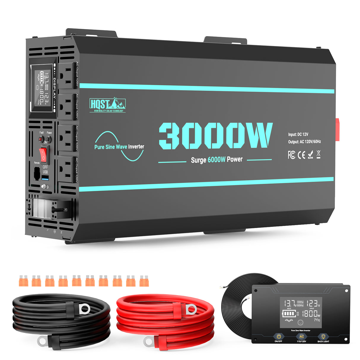 (Back Order 2026/1/23) HQST 3000W 12V Pure Sine Wave Inverter with LCD Display and Wired Remote Control