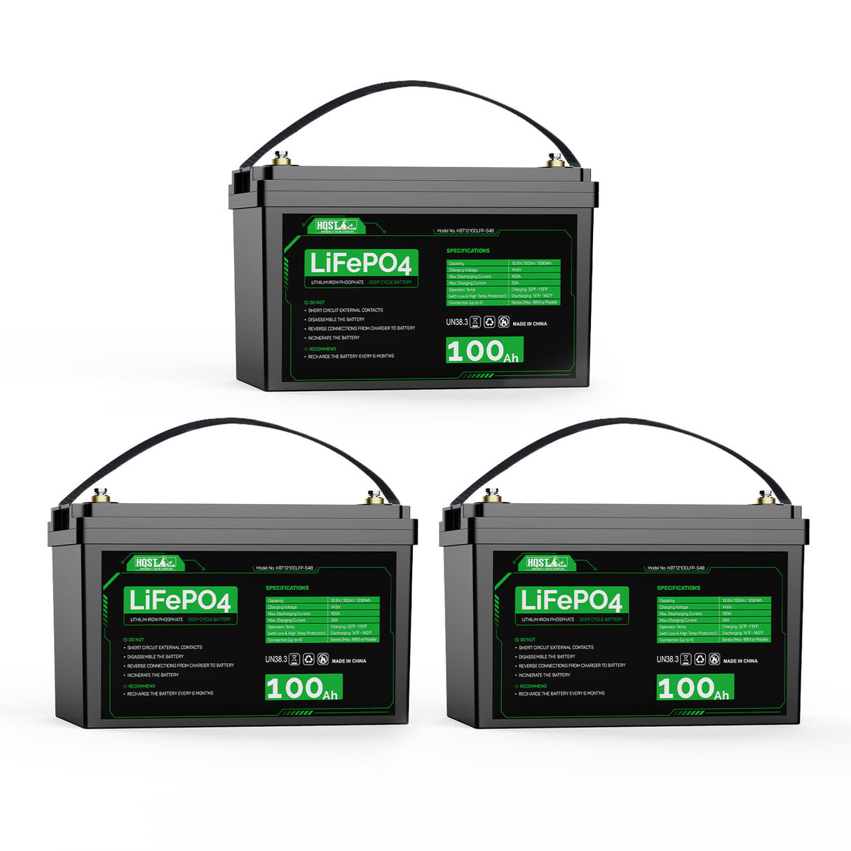 HQST 12V 100Ah LiFePO4 Lithium Iron Phosphate Battery(3 Pack)