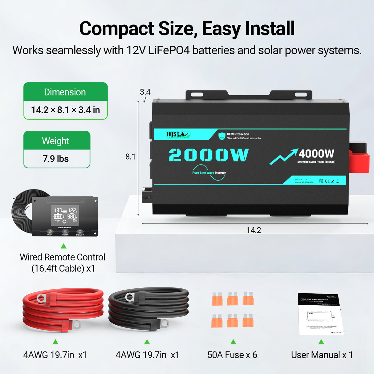 2000W 12V Pure Sine Wave Inverter with 4000W Surge (5s max) and Wired Remote Control