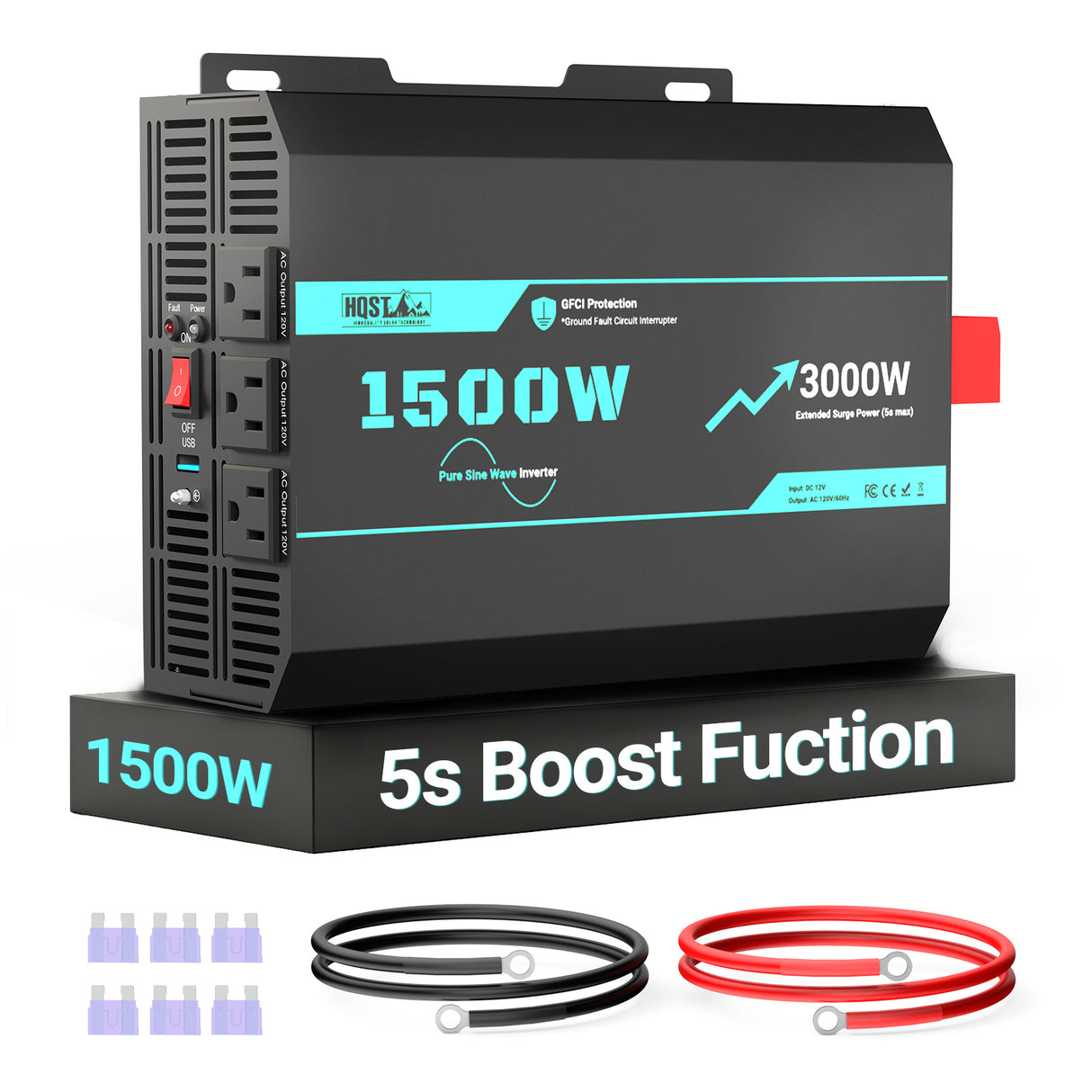 HQST 1500W Pure Sine Wave Inverter 12V to 120V with 3000W Surge & GFCI Protection