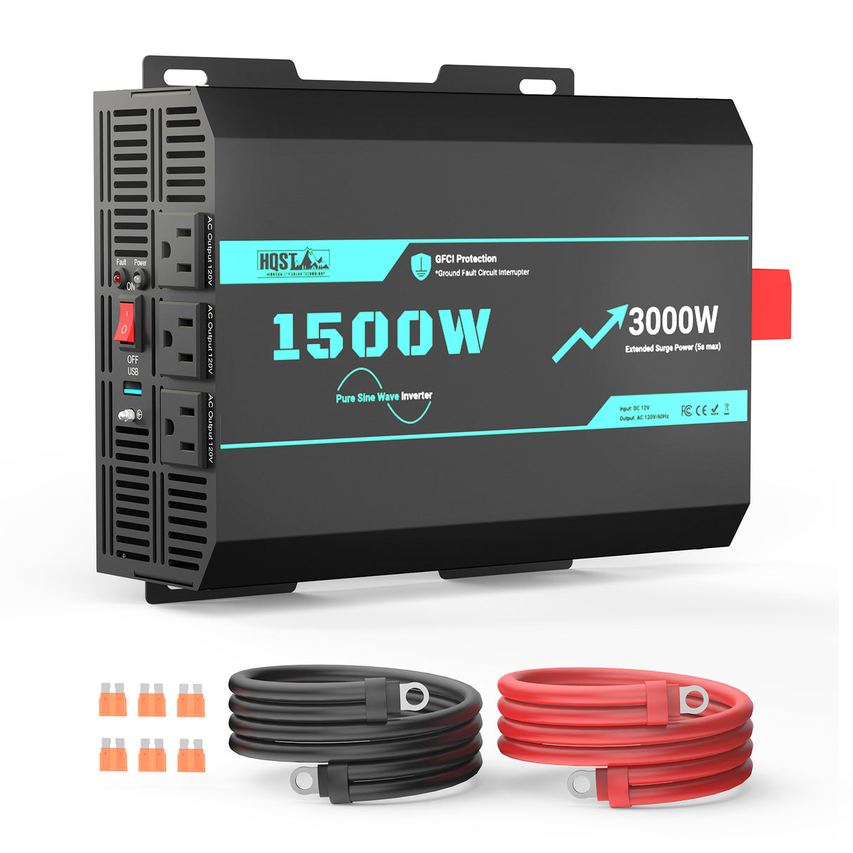 HQST 1500W Pure Sine Wave Inverter 12V to 120V with 3000W Surge & GFCI Protection