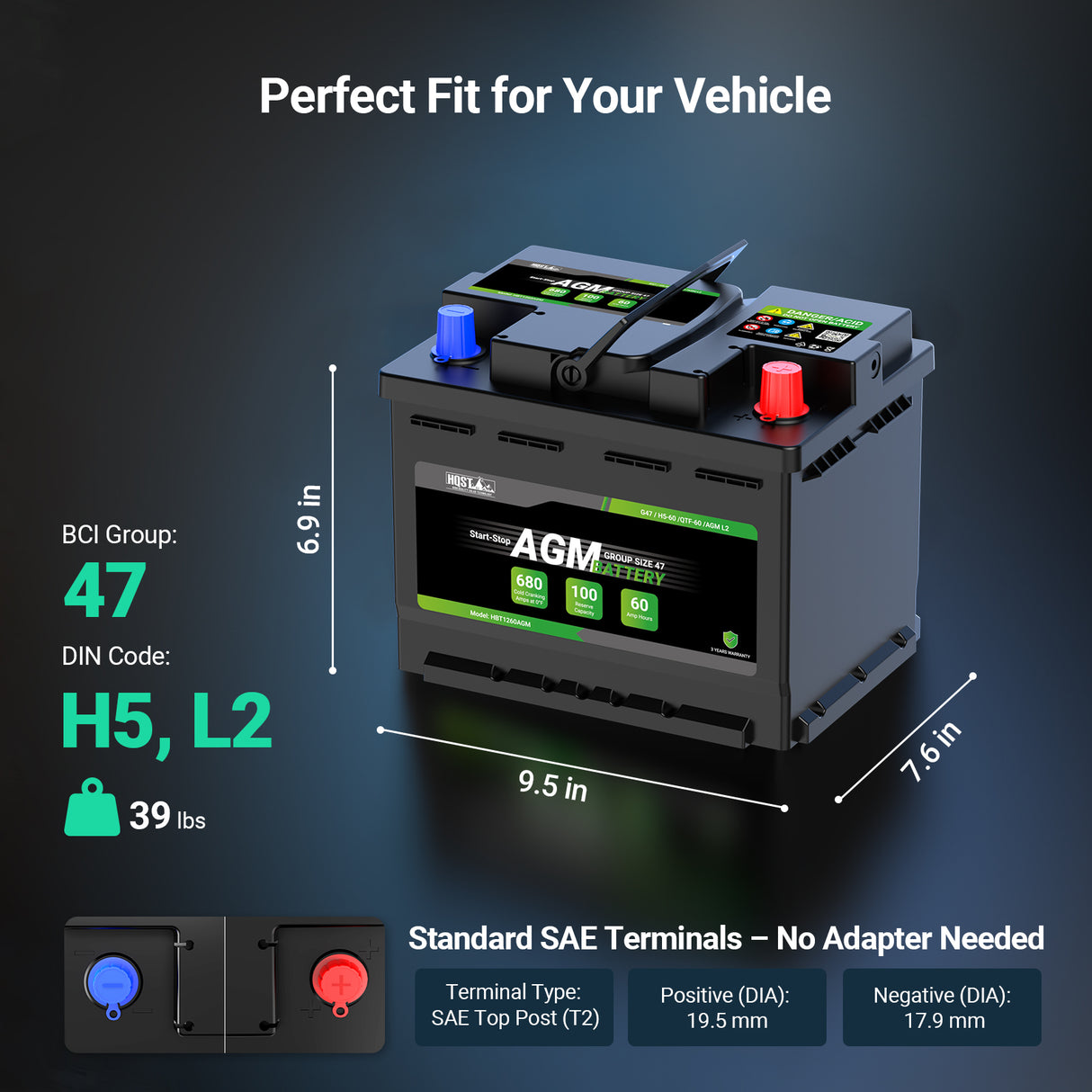 Maintenance-free 12V 60Ah AGM car battery for automotive replacement.