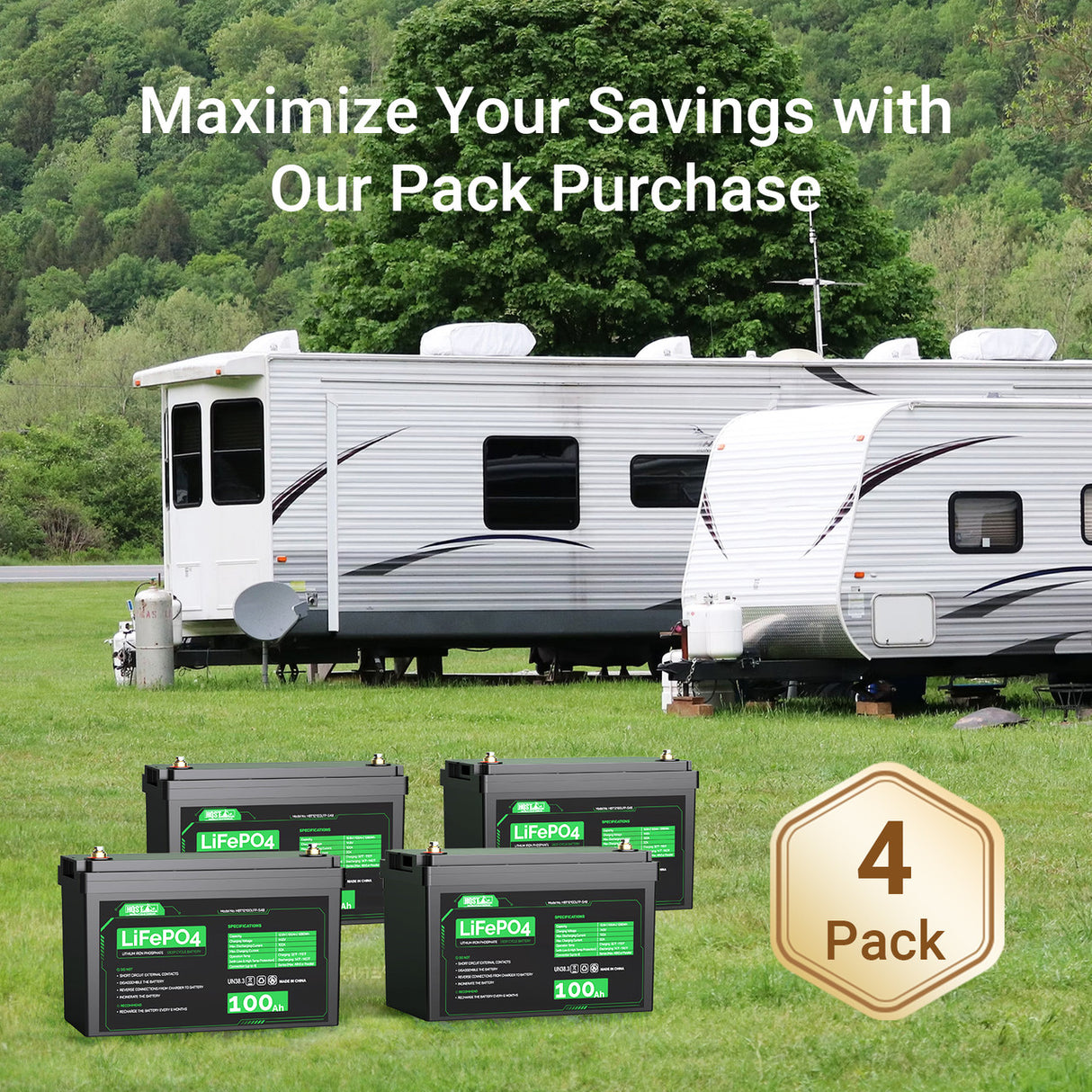 HQST 12V 100Ah LiFePO4 Lithium Iron Phosphate Battery(4 Pack)