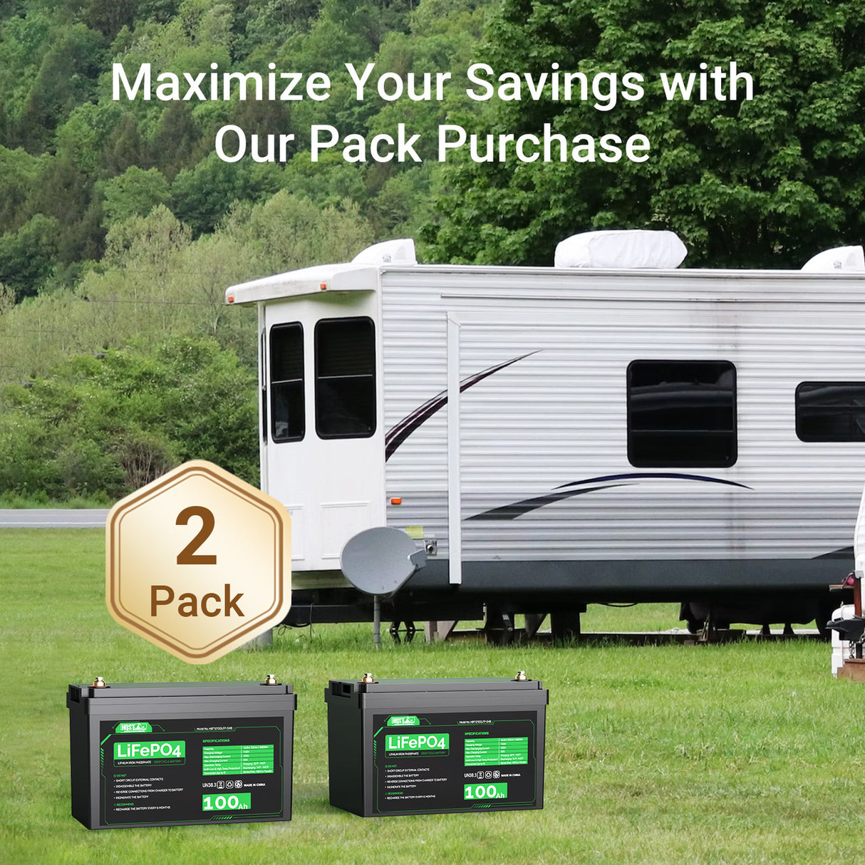 HQST 12V 100Ah LiFePO4 Lithium Battery(2 Pack)