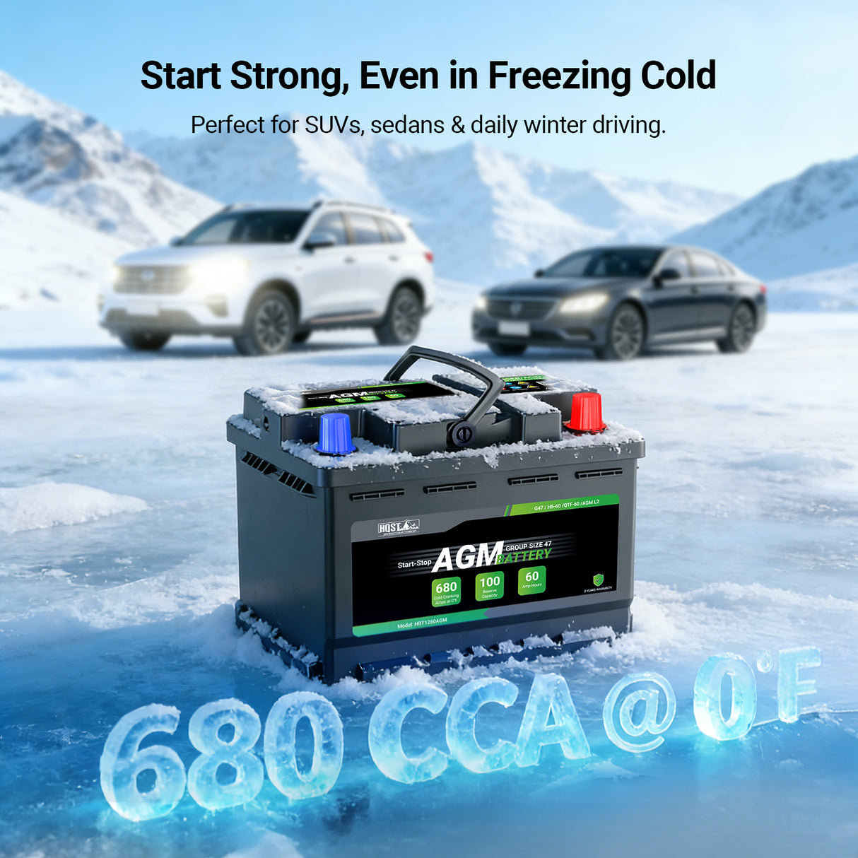 High-performance 680 CCA automotive replacement battery for cold weather starting.