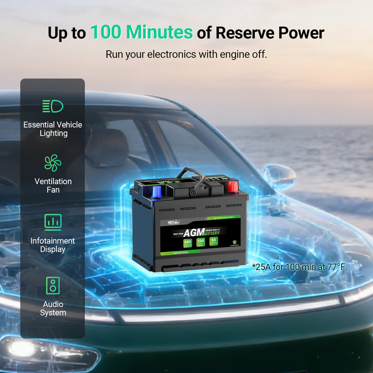 Sealed AGM car battery designed for modern vehicles with start-stop systems.