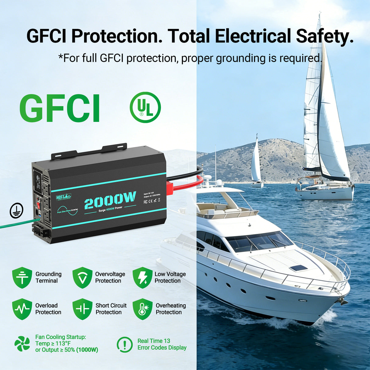 (Back Order 2026/1/9) HQST 2000W 12V Pure Sine Wave Inverter with LCD Display and Wired Remote Control