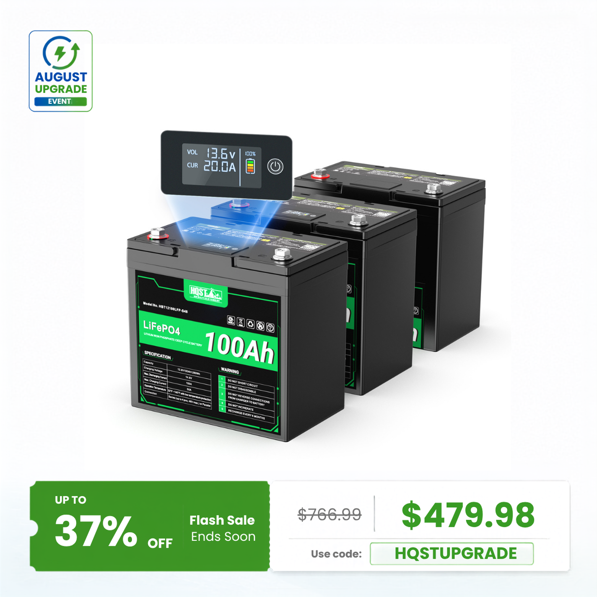 HQST 12V 100Ah LiFePO4 Battery, Mini Size Group 22NF with LED Meter, 10+ Years Lifespan