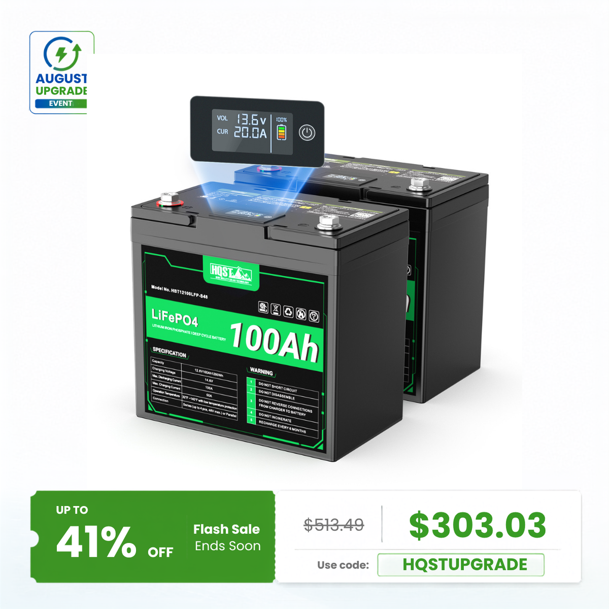 HQST 12V 100Ah LiFePO4 Battery, Mini Size Group 22NF with LED Meter, 10+ Years Lifespan
