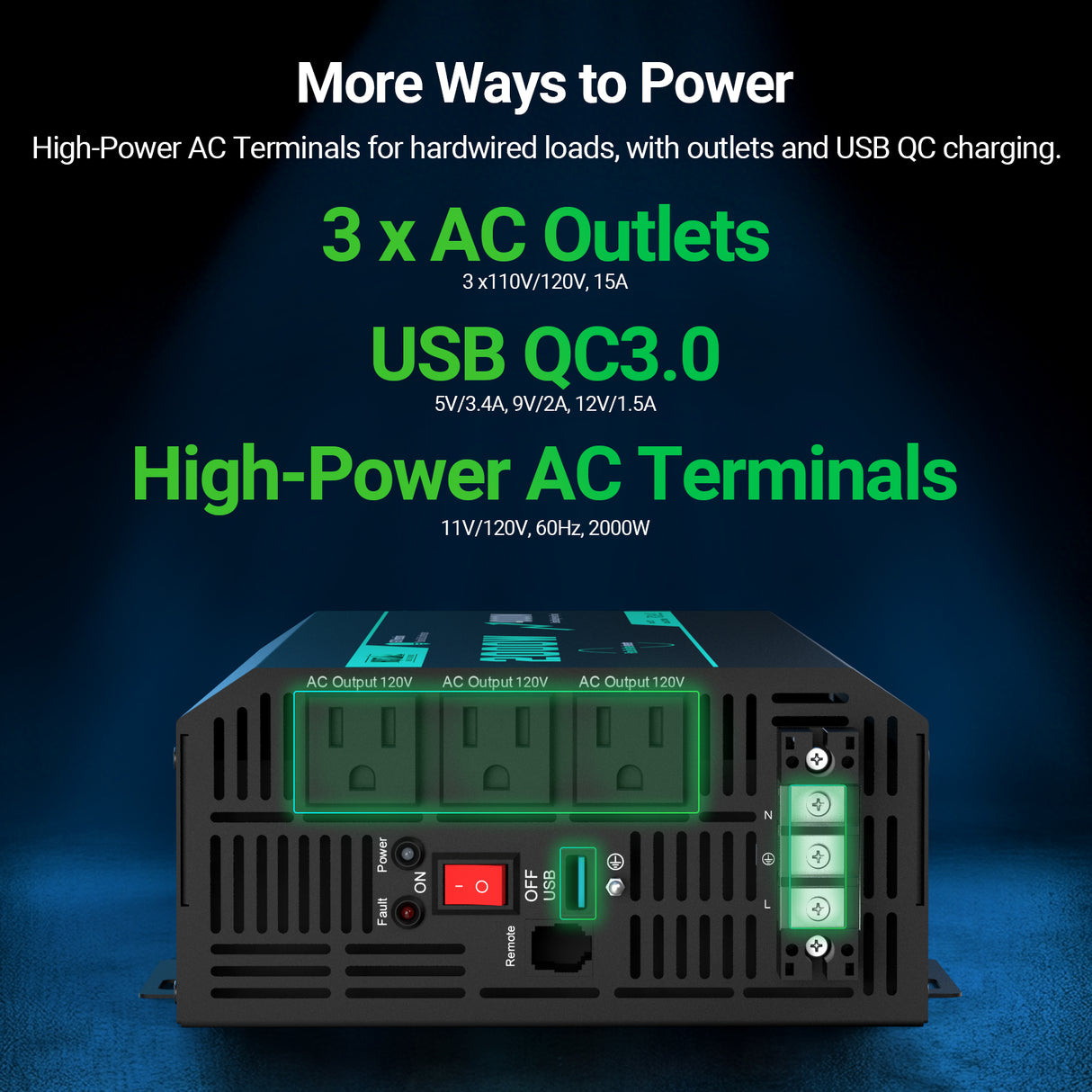 2000W 12V Pure Sine Wave Inverter with 4000W Surge (5s max) and Wired Remote Control