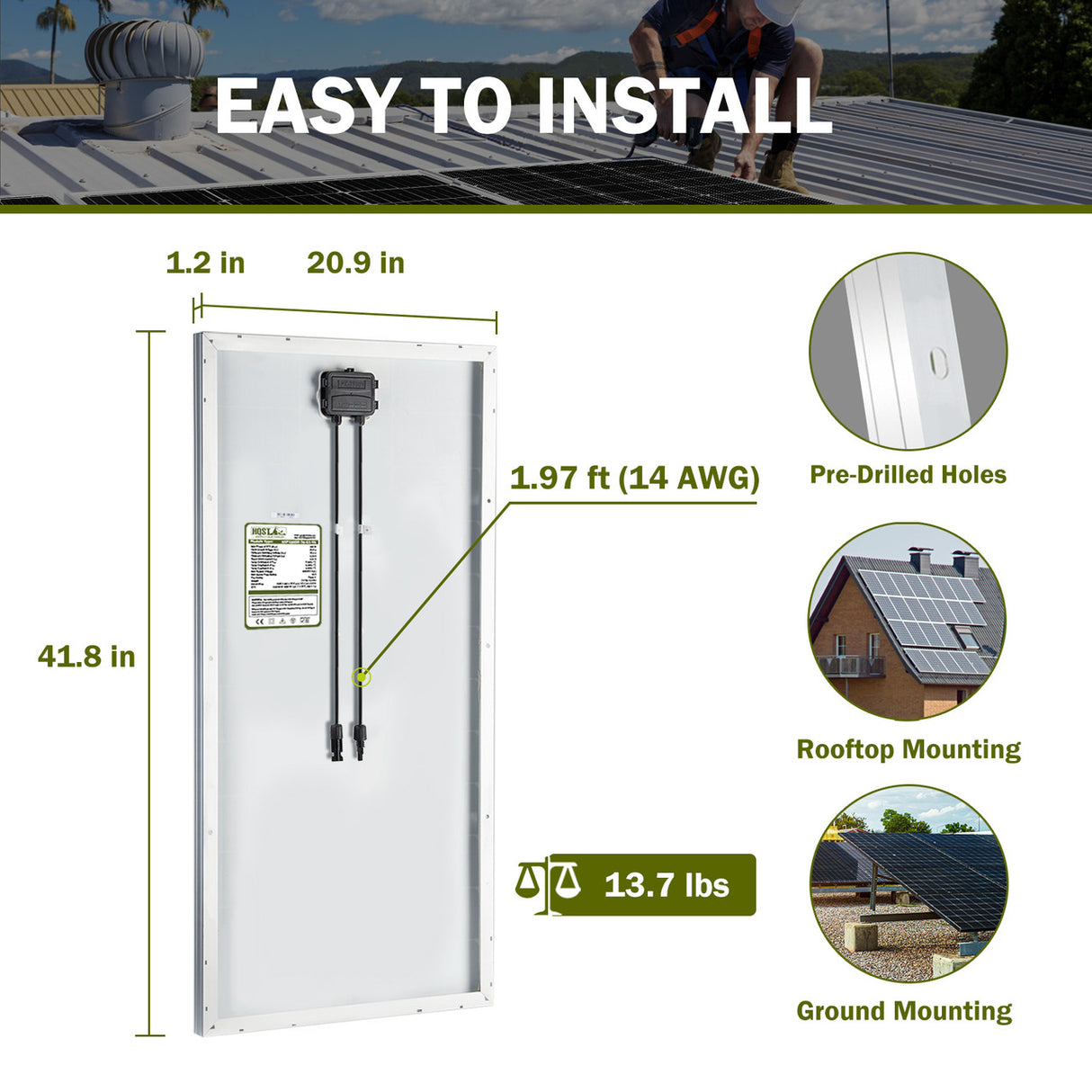 HQST 100W 12V 9BB Cell Monocrystalline Solar Panel, 21.5% High Efficiency Module, Waterproof for RVs Motorhomes Cabins Marine Boat