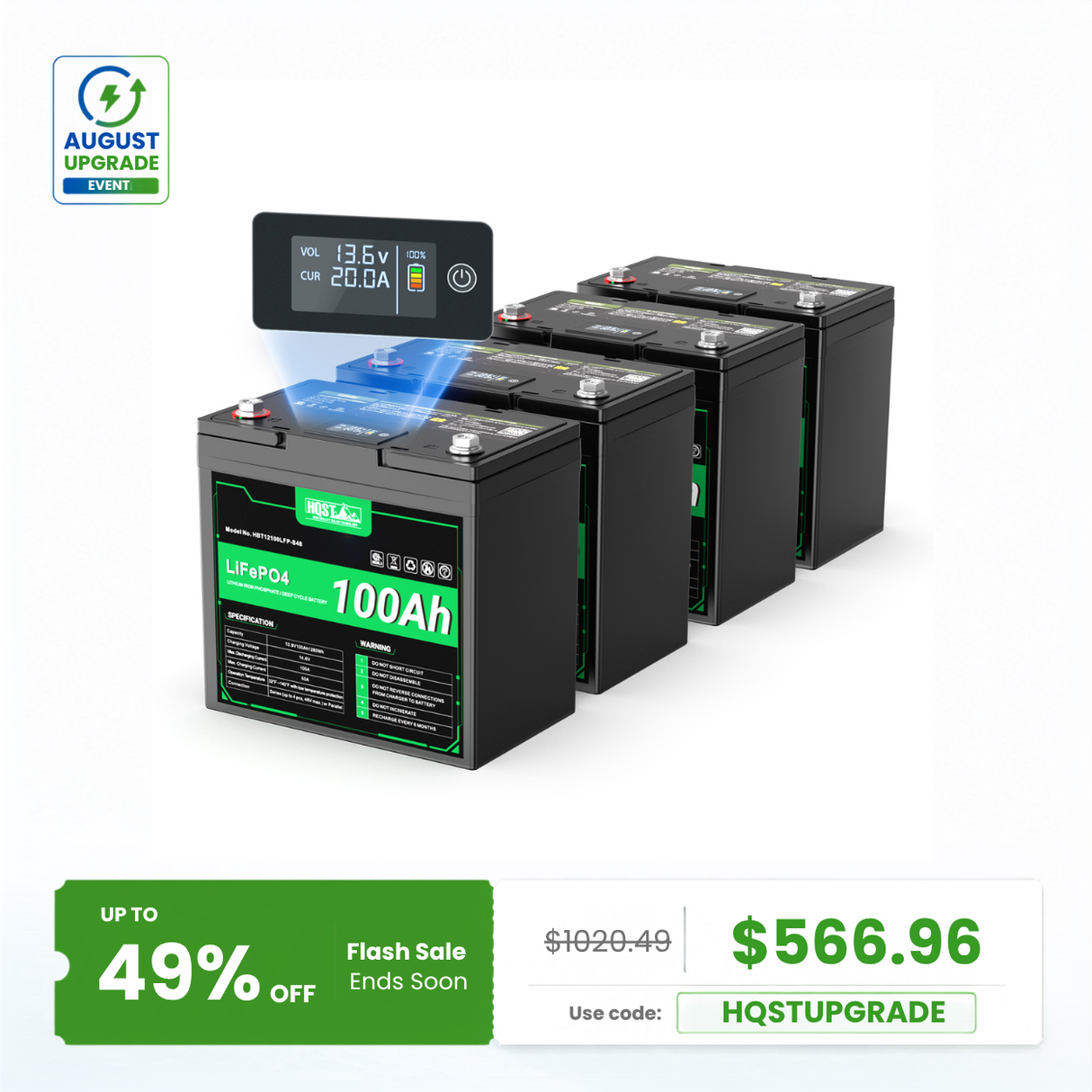 HQST 12V 100Ah LiFePO4 Battery, Mini Size Group 22NF with LED Meter, 10+ Years Lifespan