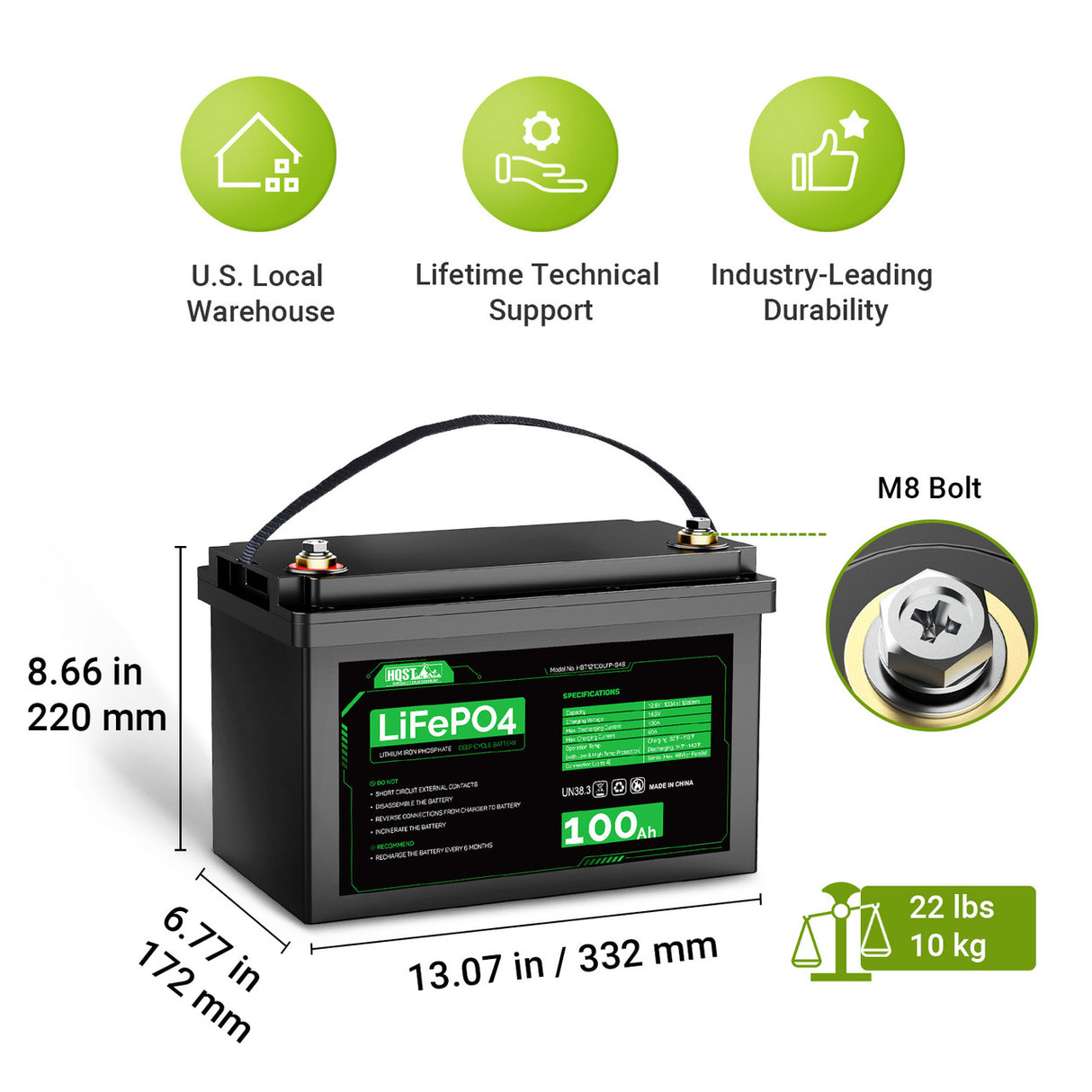 HQST 12V 100Ah LiFePO4 Lithium Iron Phosphate Battery(4 Pack)