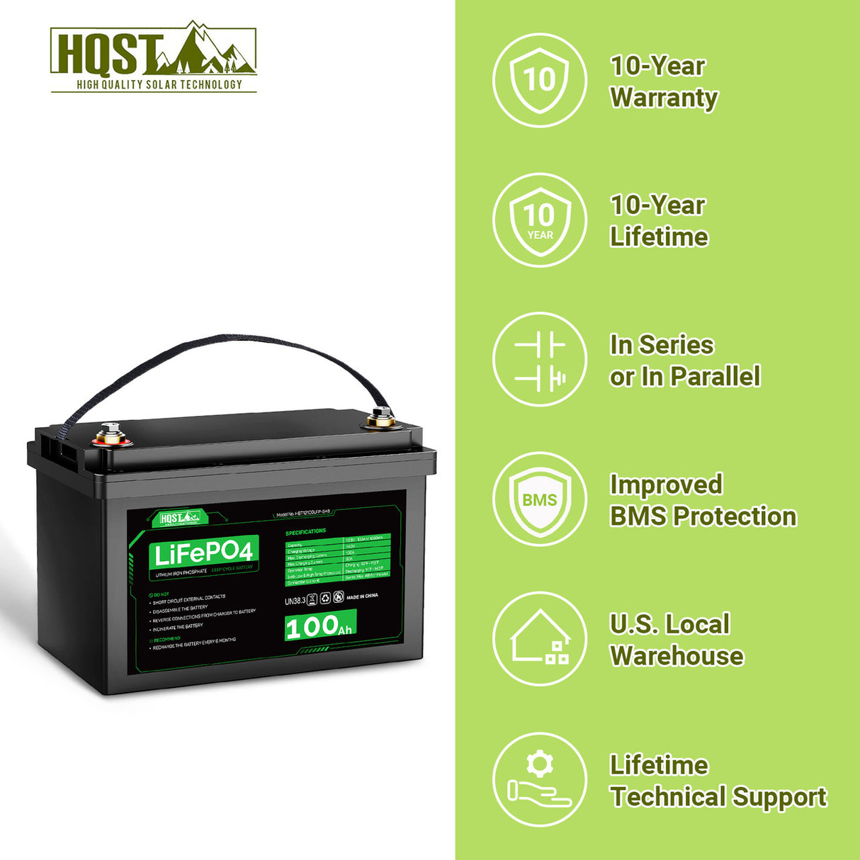 HQST 12V 100Ah LiFePO4 Lithium Battery(2 Pack)