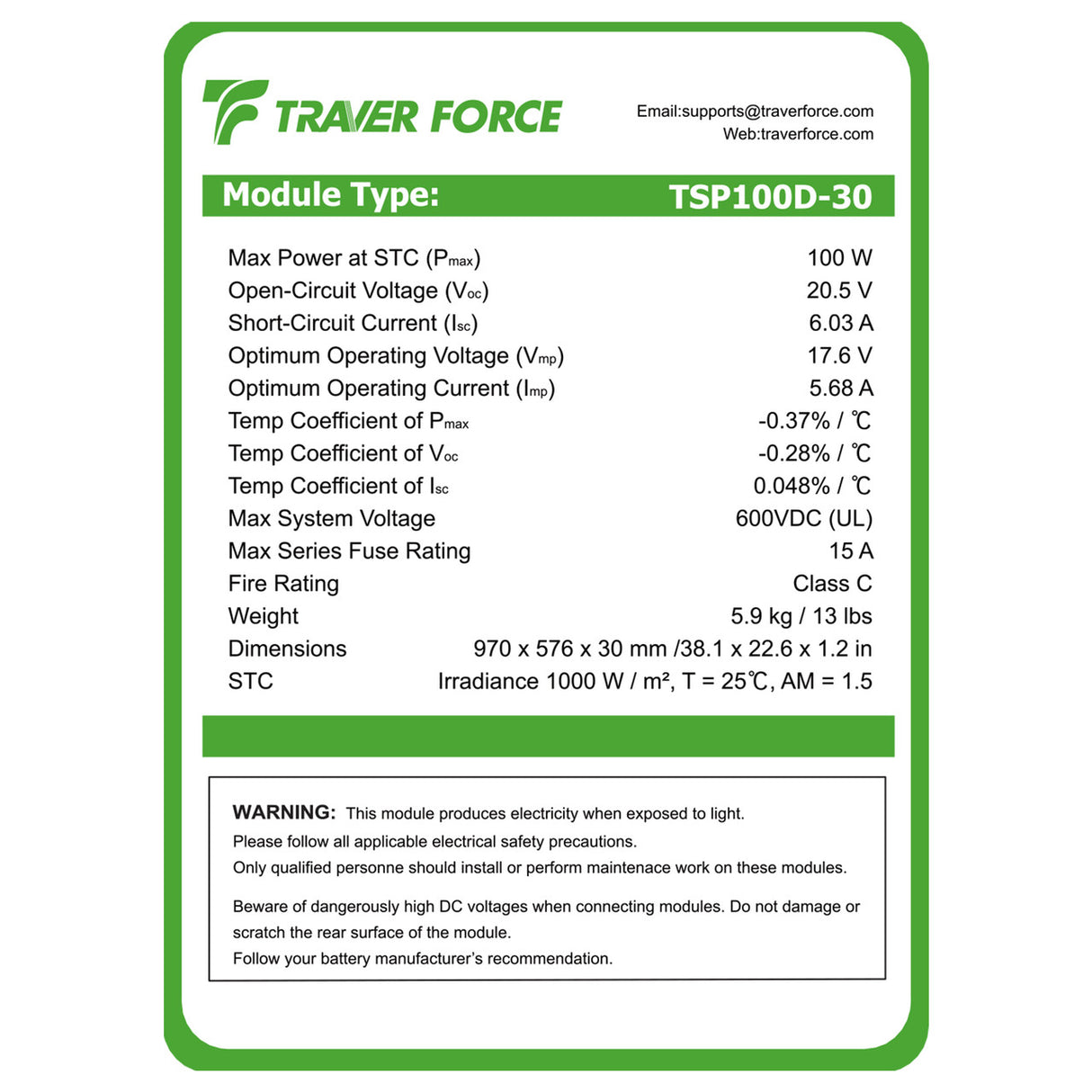Traver Force 100W 12V 10BB Cell Monocrystalline Solar Panel