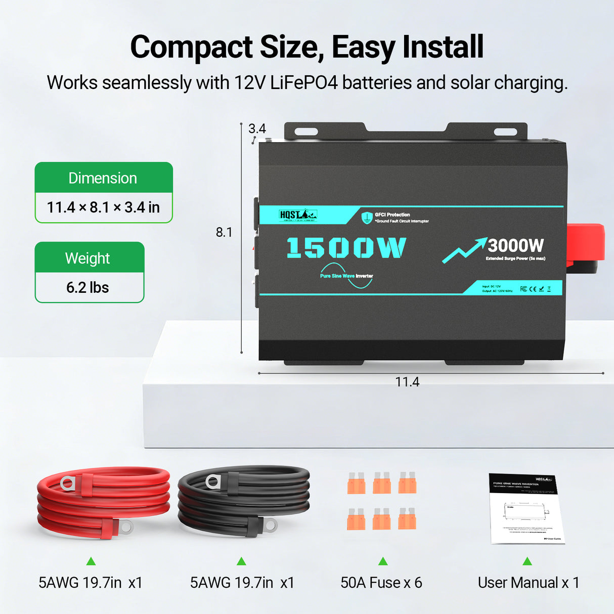 HQST 1500W Pure Sine Wave Inverter 12V to 120V with 3000W Surge & GFCI Protection