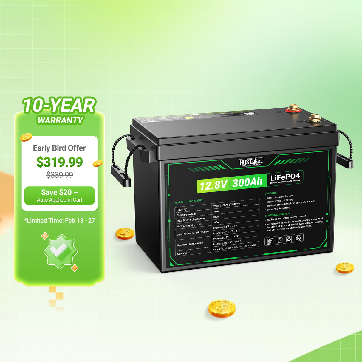 12V 300Ah LiFePO4 Lithium Battery - Compact Size (10 Year Warranty)