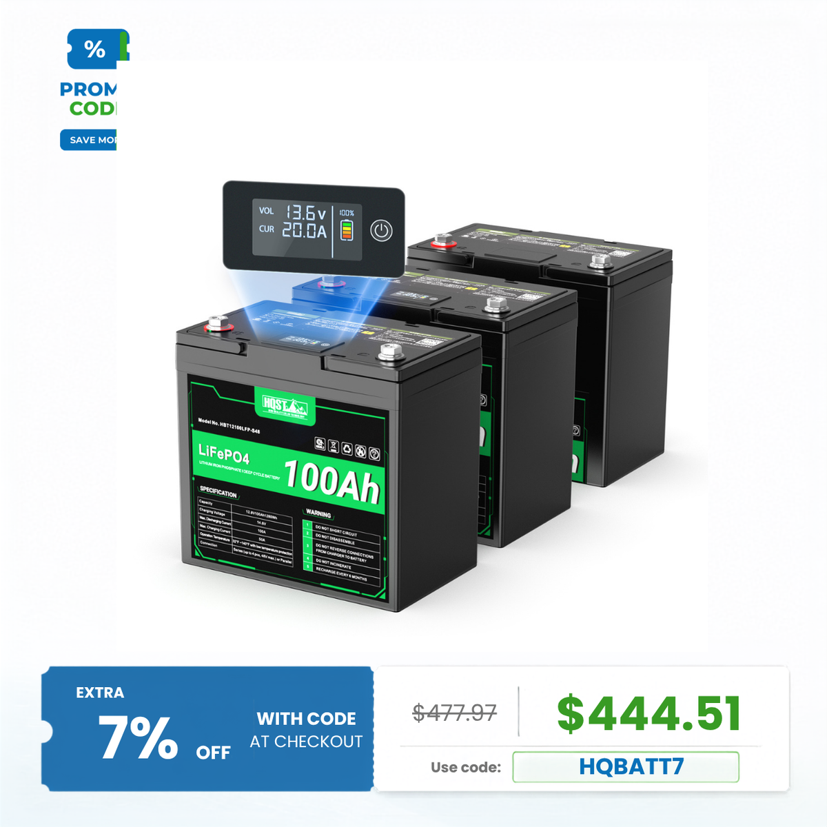 HQST 12V 100Ah LiFePO4 Battery, Mini Size Group 22NF with LED Meter, 10+ Years Lifespan
