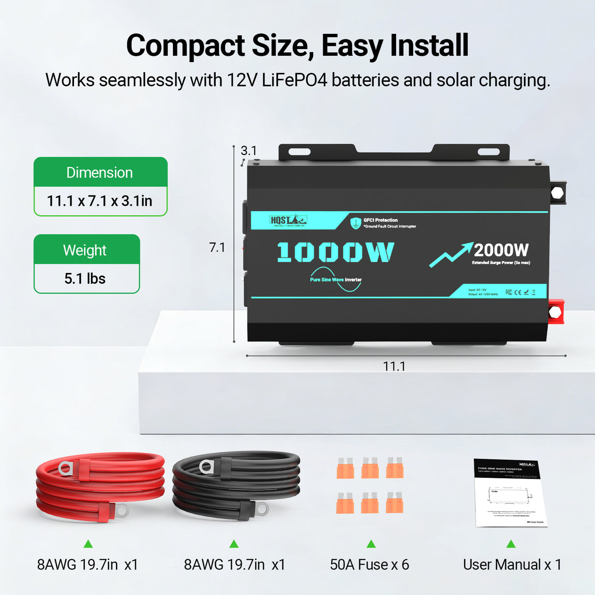 Power inverter with specifications and accessories on a white background