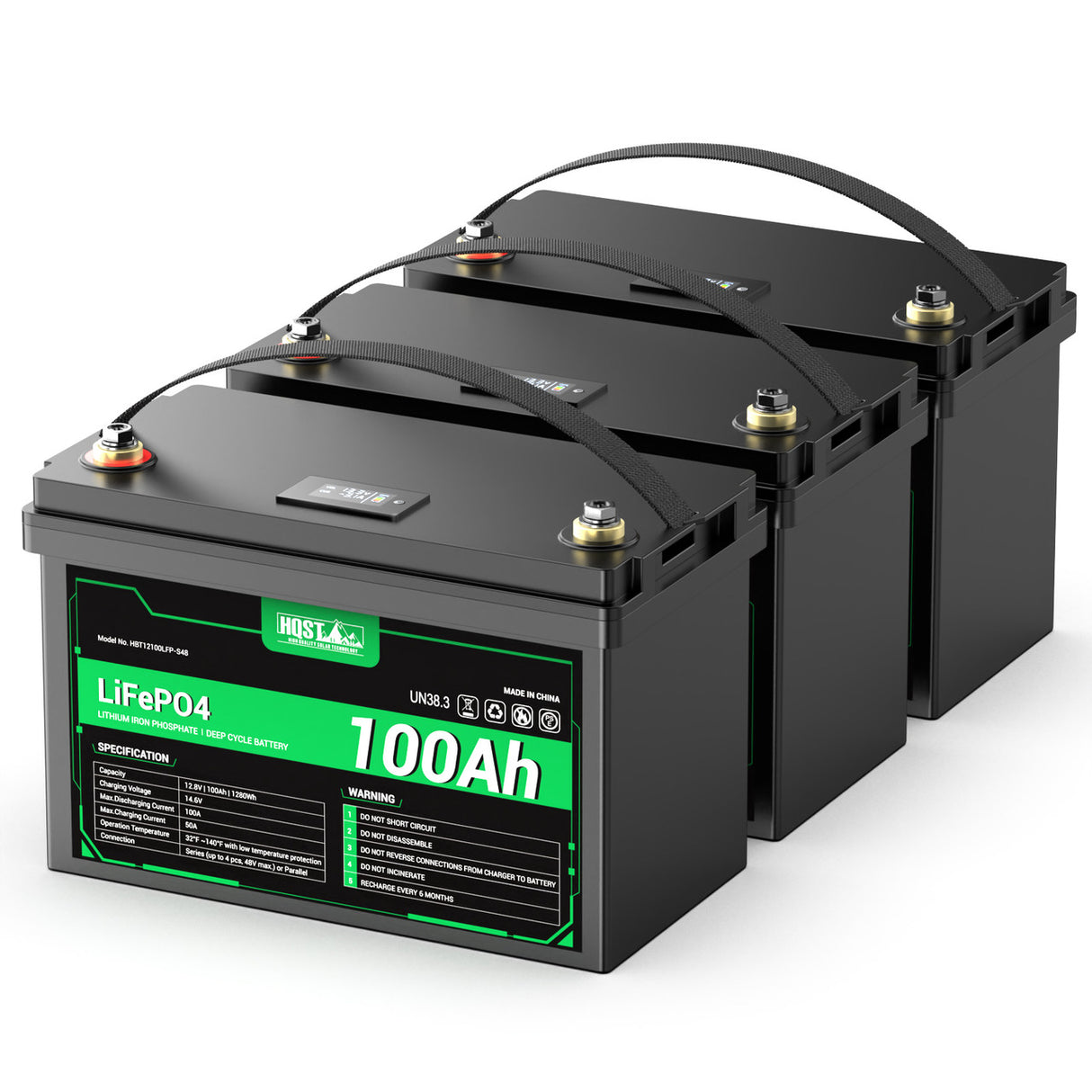 3-Pack HQST 12V 100Ah LiFePO4 Battery with LED Display.