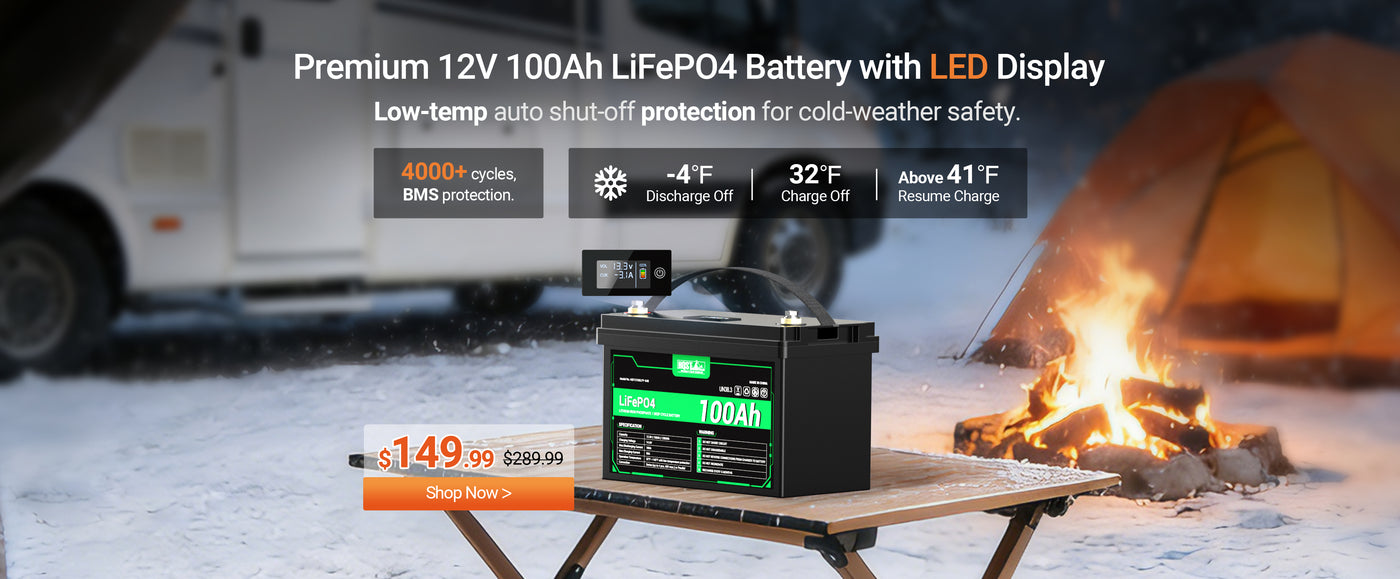 HQST 12V 100Ah LiFePO4 battery with LED display sitting in the snow next to an RV, campfire, and tent, demonstrating its low temperature protection feature for winter camping.