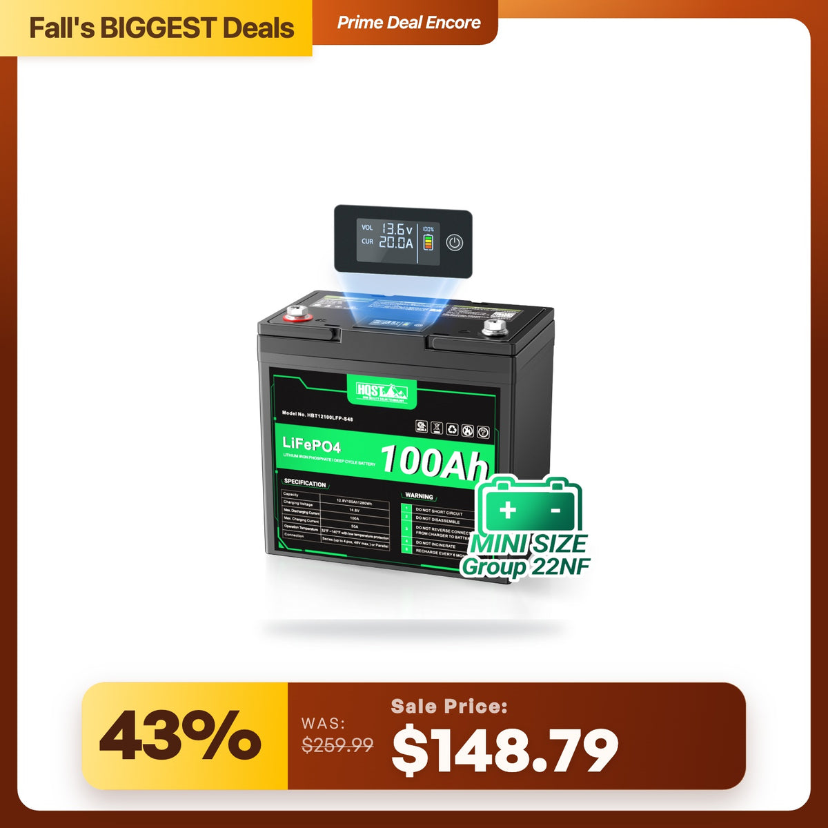 HQST 12V 100Ah LiFePO4 Battery, Mini Size Group 22NF with LED Meter, 10+ Years Lifespan