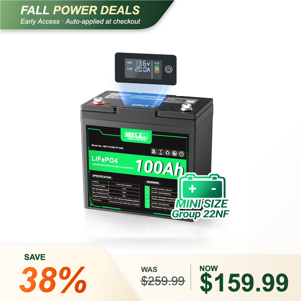 HQST 12V 100Ah LiFePO4 Battery, Mini Size Group 22NF with LED Meter, 10+ Years Lifespan
