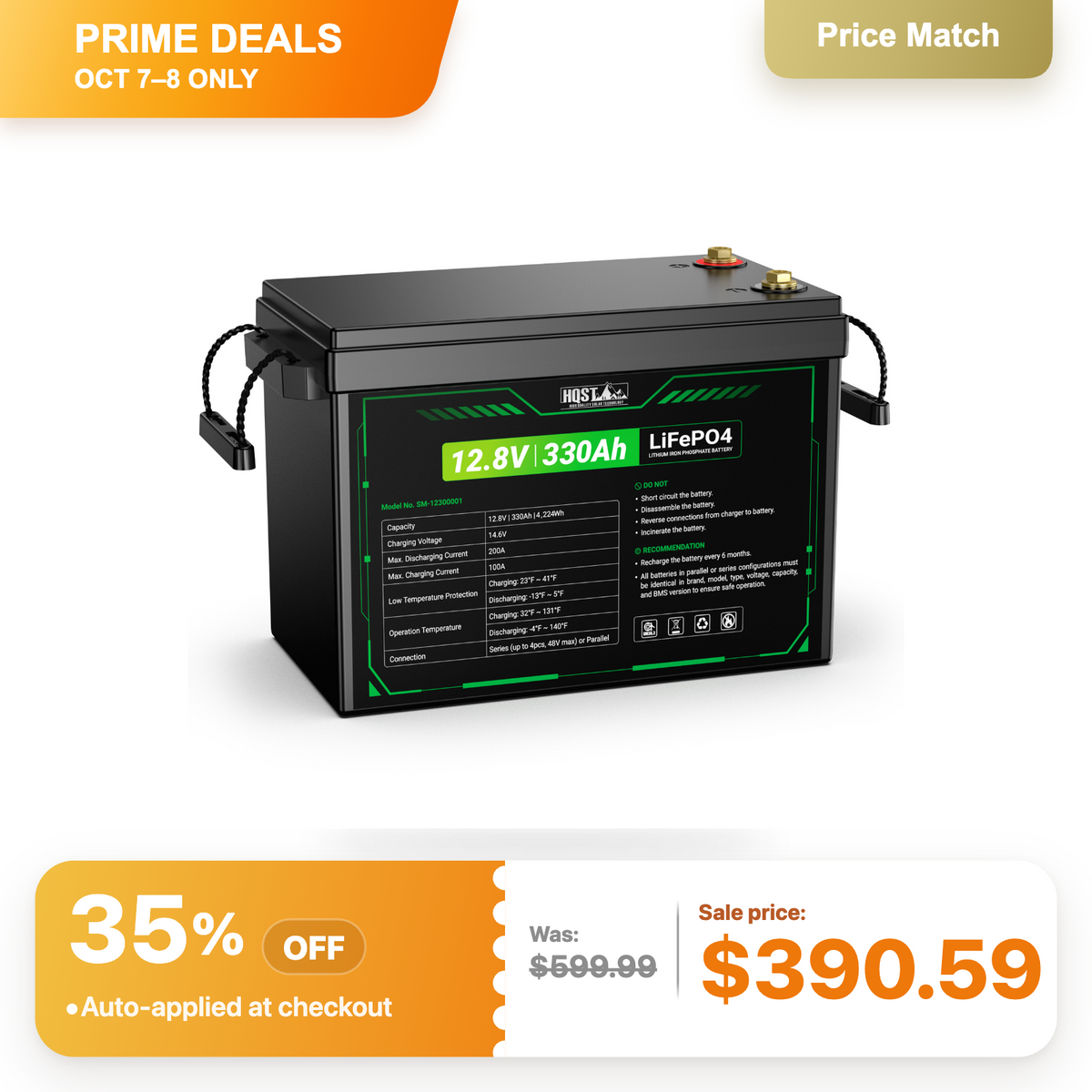 HQST 12V 300Ah Mini LiFePO4 Battery | 4224Wh, 200A BMS