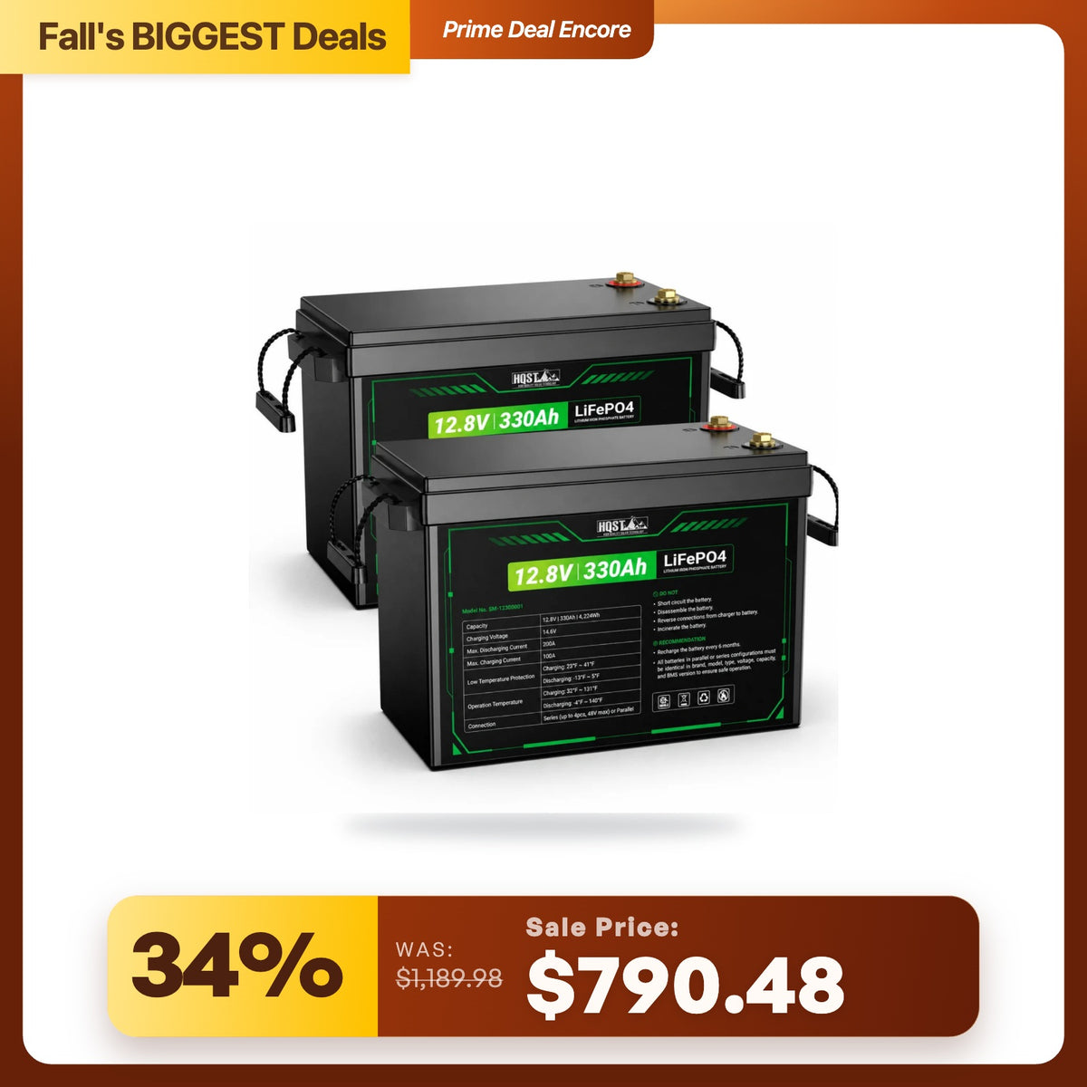 HQST 12V 300Ah Mini LiFePO4 Battery | 4224Wh, 200A BMS