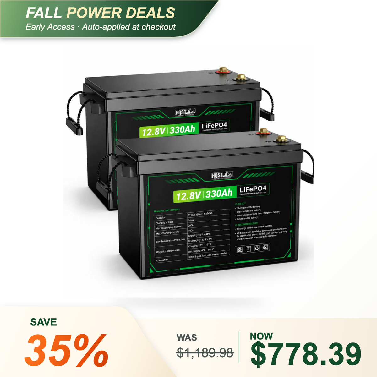 HQST 12V 300Ah Mini LiFePO4 Battery | 4224Wh, 200A BMS