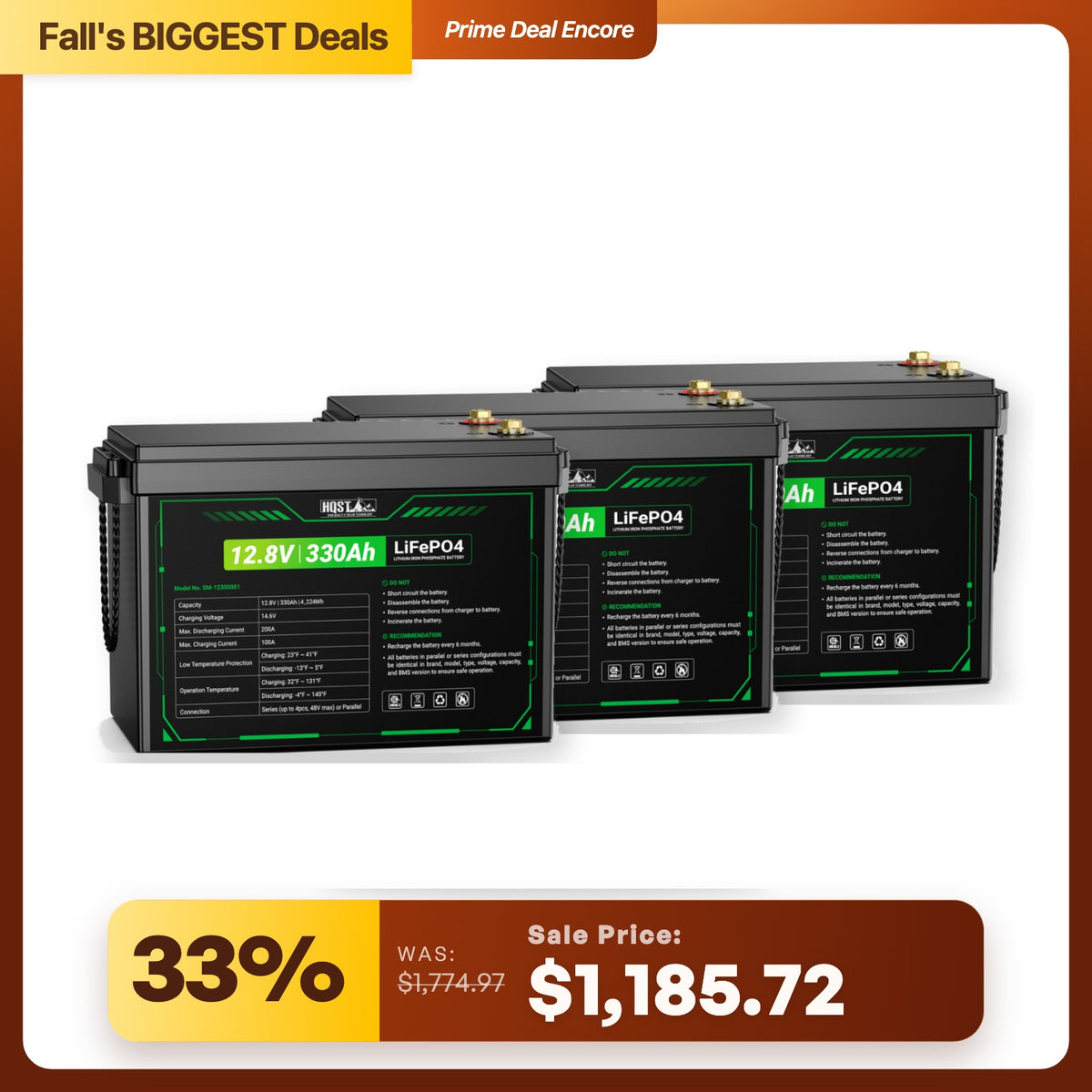 HQST 12V 300Ah Mini LiFePO4 Battery | 4224Wh, 200A BMS
