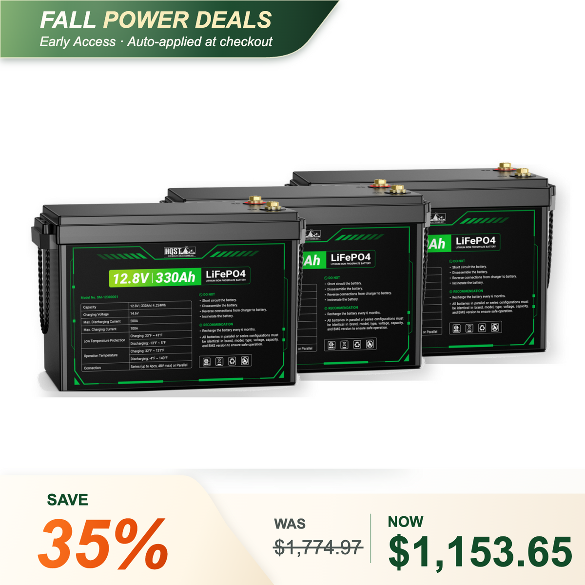 HQST 12V 300Ah Mini LiFePO4 Battery | 4224Wh, 200A BMS