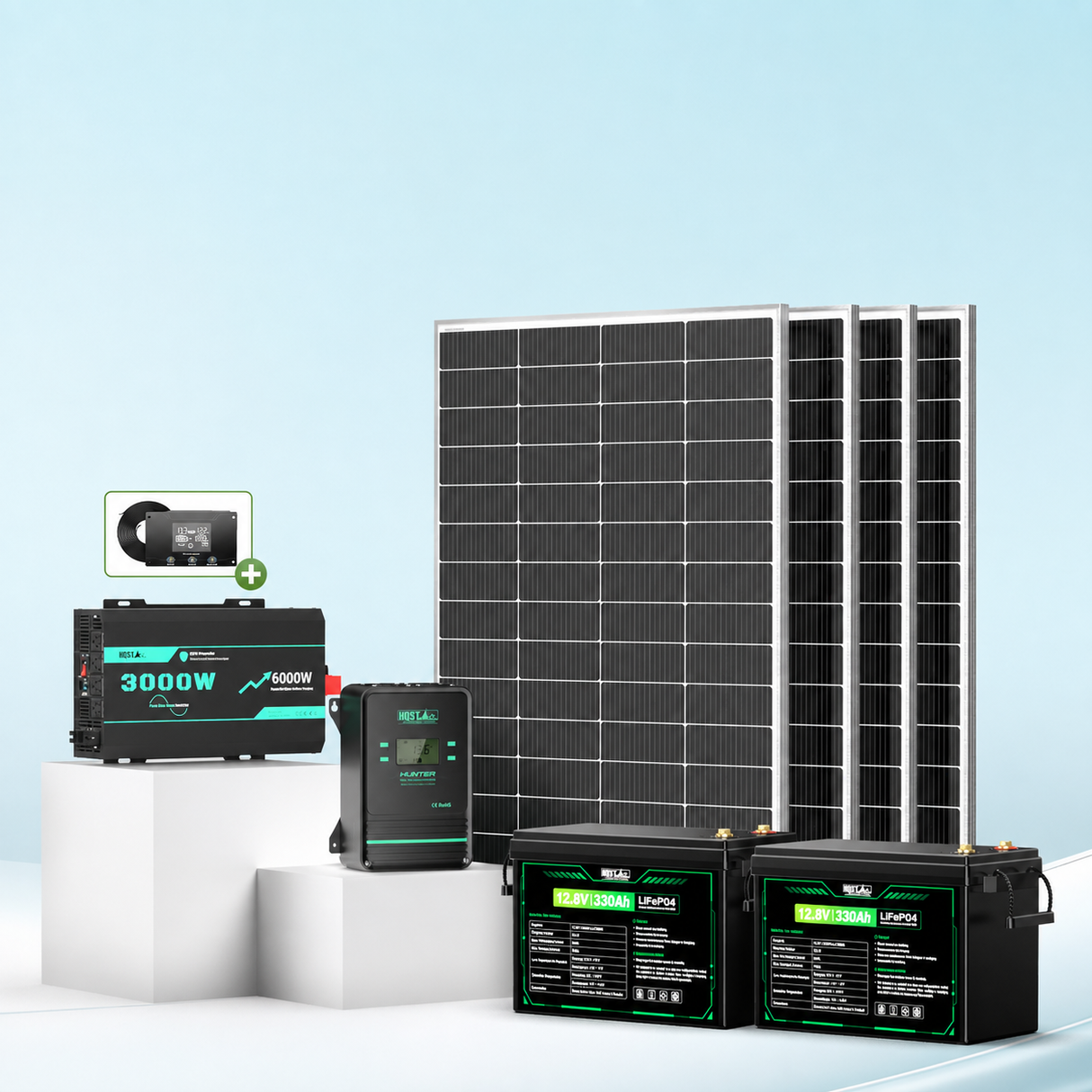 HQST 800W 12V RV Solar Kit | 8448Wh LiFePO4 Battery Bank, 3000W Inverter & 100A MPPT