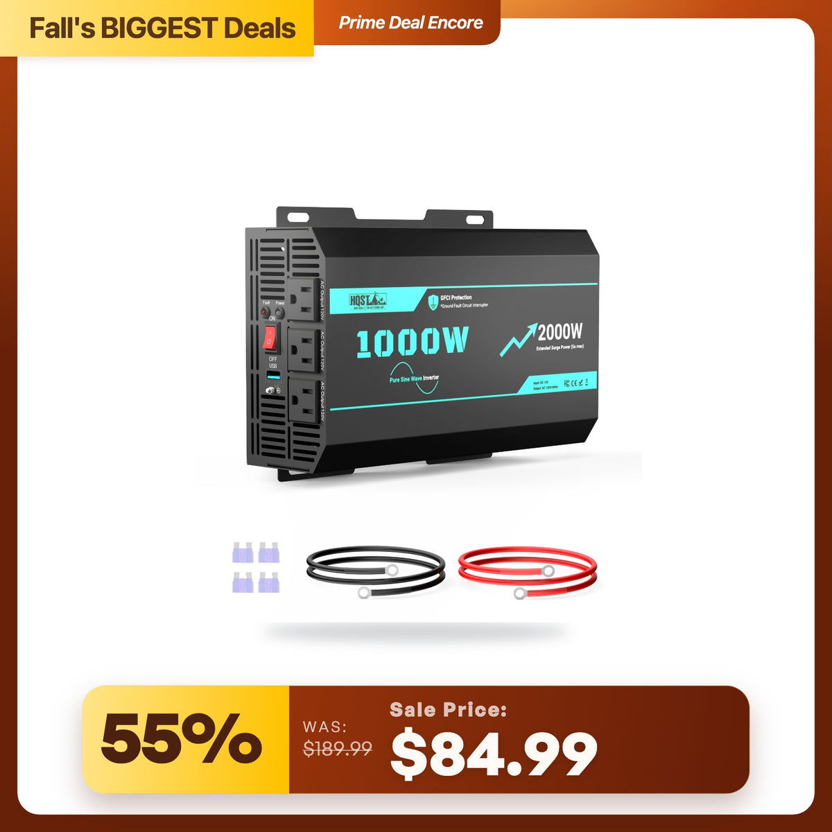 HQST 1000W Pure Sine Wave Inverter | 2000W Surge | GFCI Protected | Built for RV & Off-Grid