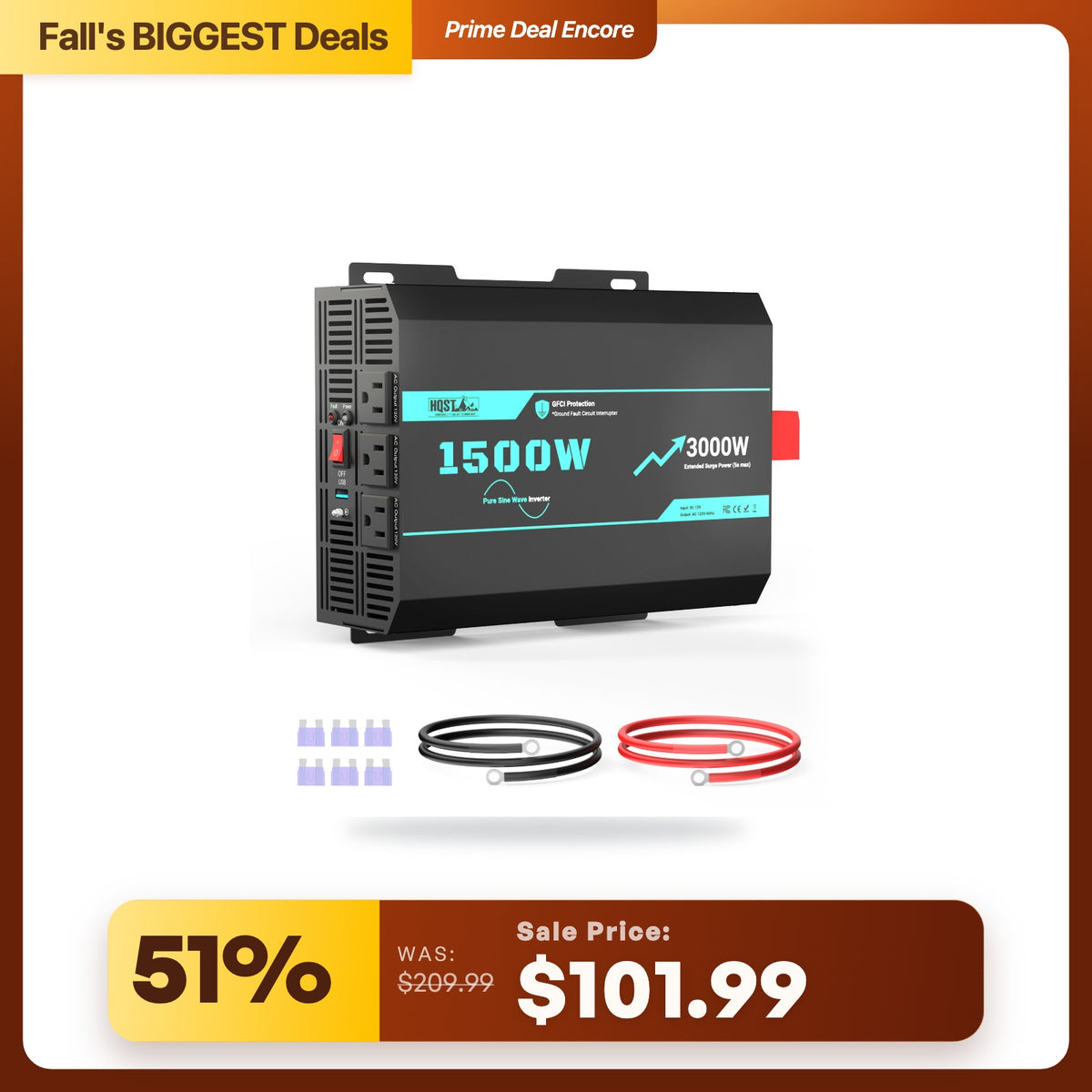HQST 1500W Pure Sine Wave Inverter 12V to 120V with 3000W Surge & GFCI Protection