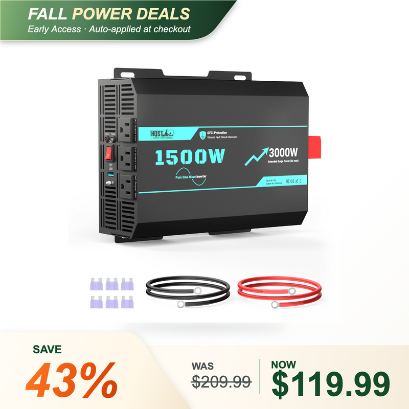 HQST 1500W Pure Sine Wave Inverter 12V to 120V with 3000W Surge & GFCI Protection