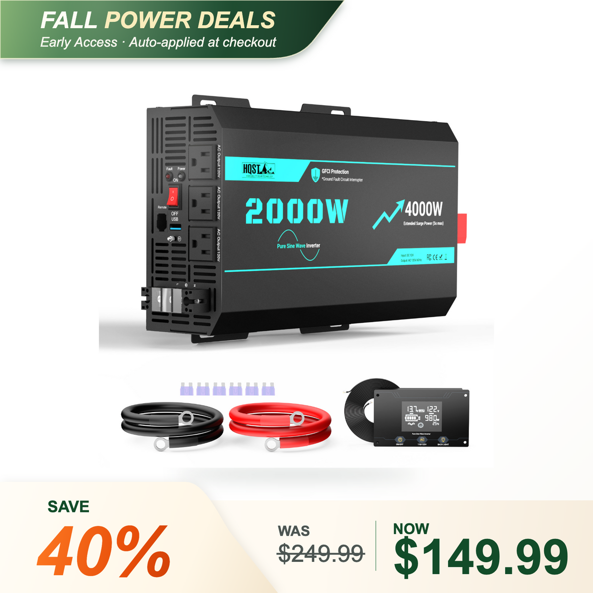 HQST 2000W Pure Sine Wave Inverter 12V DC to 120V AC with 4000W Surge, AC Hardwire, Wired Remote Control