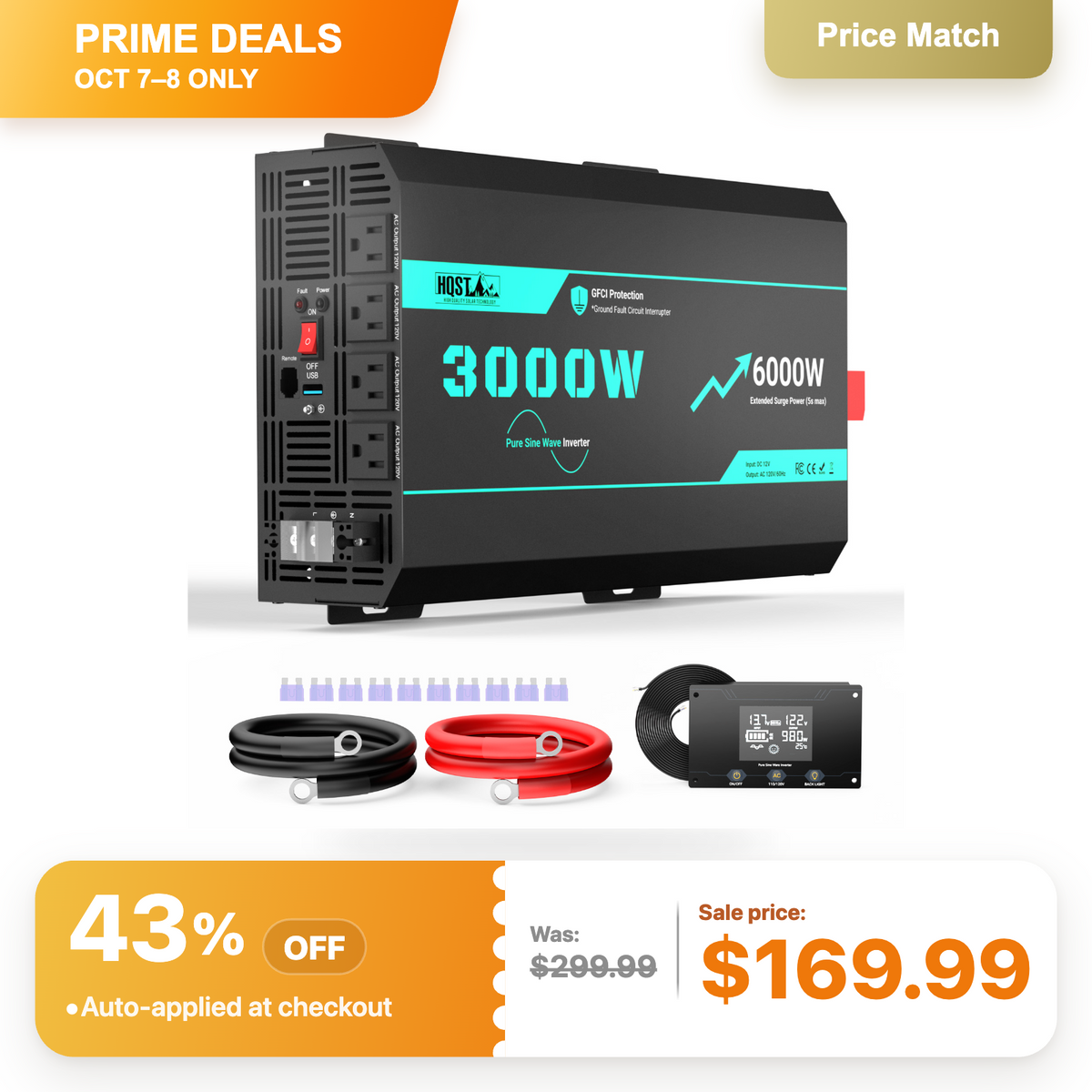 HQST 3000W Pure Sine Wave Inverter 12V | 6000W Surge, GFCI & Remote