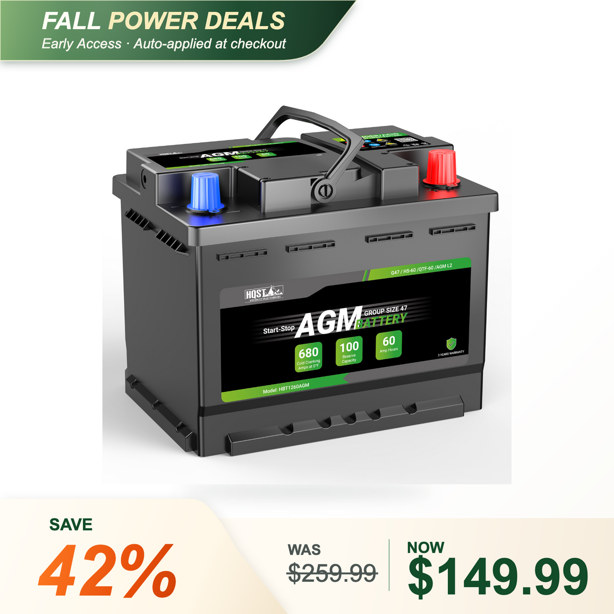 HQST 12V 60Ah AGM Start-Stop Car Battery – Group 47 H5, 680 CCA Maintenance-Free Automotive Replacement Battery
