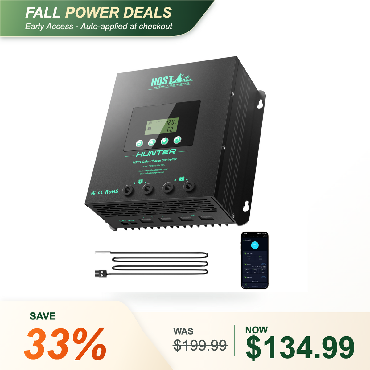 HQST 60A MPPT Solar Charge Controller with Smart APP Control, LiFePO4 Battery Low Temp Protection, and Parallel Charging